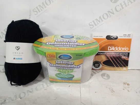 LOT OF APPROXIMATELY 15 ASSORTED HOUSEHOLD ITEMS TO INCLUDE D'ADDARIO ACOUSTIC GUITAR STRINGS, INTERIOR DEHUMIDIFIER, AMIGO BLACK YARN, ETC