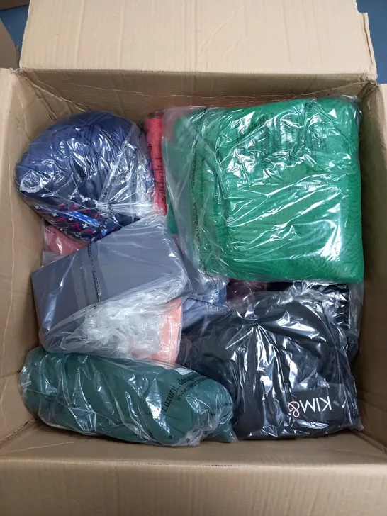 LARGE BOX OF APPROXIMATELY 40 CLOTHING ITEMS ALL IN DIFFRENT COLOURS AND SIZES 