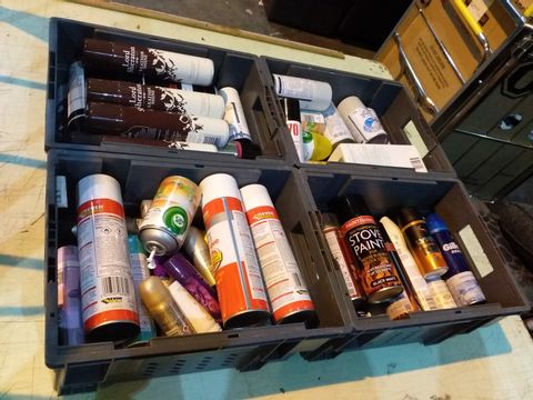 4 TRAYS OF ASSORTED AEROSOLS TO INCLUDE: AIR WICK, STOVE PAINT, LEATHER SHINE ETC