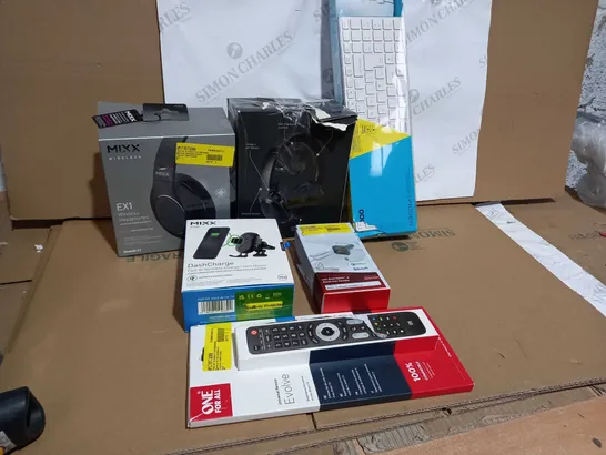 BOX OF APPROXIMATELY 22 ASSORTED ITEMS TO INCLUDE A UNIVERSAL REMOTE, A PAIR OF EX1 WIRELESS HEADPHONES, A KEYBOARD/MOUSE AND A DASH CHARGE