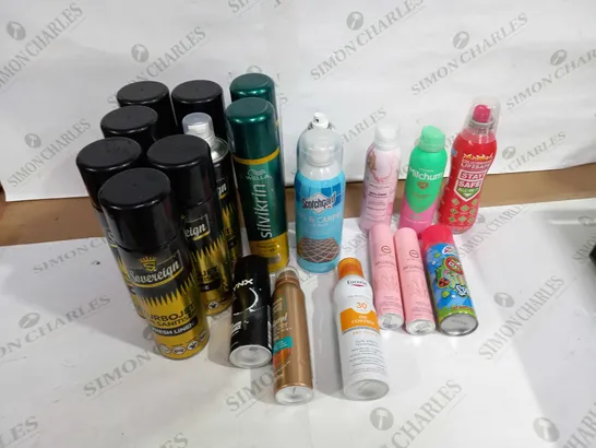 LOT OF APPROX 20 ASSORTED AEROSOLS TO INCLUDE AIR SPRAY, BODY SPRAY, HAIR SPRAY ETC