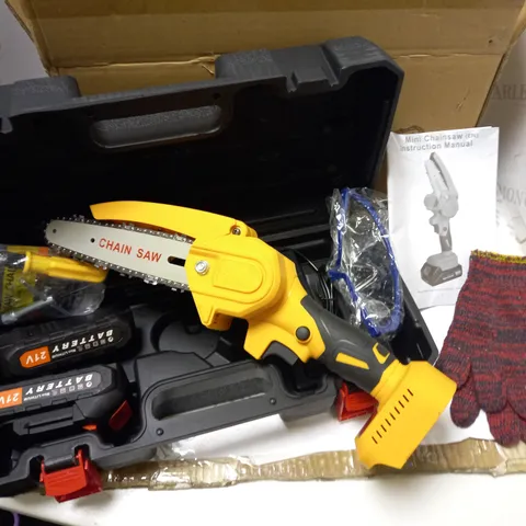 BOXED MINI CHAINSAW WITH CASE, CHARGER, 2 BATTERIES, ACCESSORIES AND INSTRUCTIONS