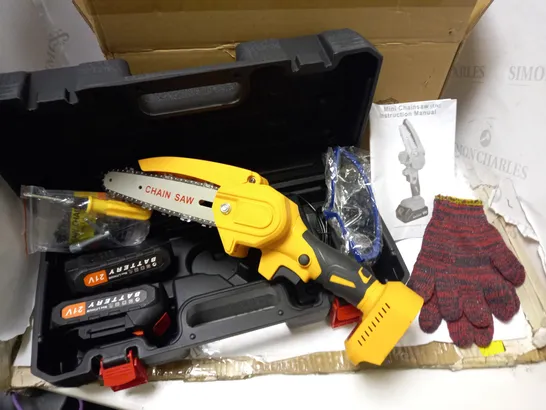 BOXED MINI CHAINSAW WITH CASE, CHARGER, 2 BATTERIES, ACCESSORIES AND INSTRUCTIONS