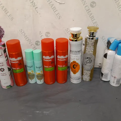 APPROXIMATELY 12 ASSORTED AEROSOLS TO INCLUDE SHAVE GEL, BODY SPRAY, AND COOLING MIST ETC. 