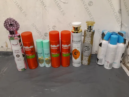 APPROXIMATELY 12 ASSORTED AEROSOLS TO INCLUDE SHAVE GEL, BODY SPRAY, AND COOLING MIST ETC. 