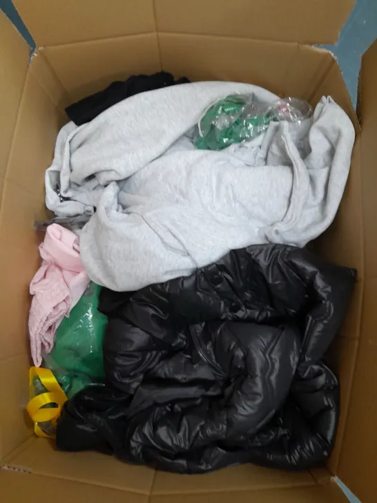 LARGE BOX OF ASSORTED CLOTHING ITEMS IN VARIOUS COLOURS AND SIZES INCLUDING TROUSERS , TOPS AND JUMPERS 