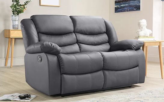 BOXED DESIGNER SORRENTO GREY LEATHER MANUAL RECLINING TWO SEATER SOFA 