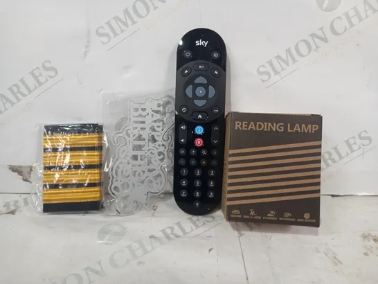 LOT OF APPROXIMATELY 15 ASSORTED HOUSEHOLD ITEMS TO INCLUDE READING LAMP, SKY REMOTE, ETC