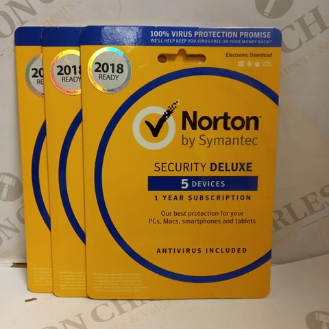 LOT OF 3 NORTON SECURITY DELUXE 1 YEAR SUBSCRIPTIONS FOR 5 DEVICES