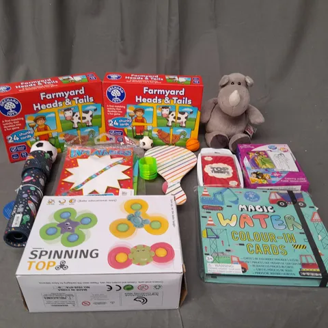 BOX OF ASSORTED TOYS AND GAMES TO INCLUDE SPINNING TOP,  TOP TRUMPS AND CARD GAMES