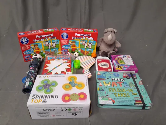 BOX OF ASSORTED TOYS AND GAMES TO INCLUDE SPINNING TOP,  TOP TRUMPS AND CARD GAMES