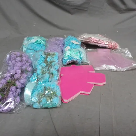 LARGE BOX OF ASSORTED WEDDING FAVORS, RIBBONS AND FLOWER