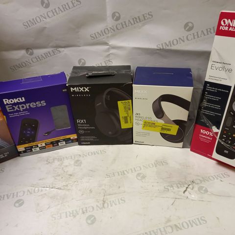 LOT OF APPROX 12 ASSORTED ELECTRICAL ITEMS TO INCLUDE UNIVERSAL REMOTE, ROKU EXPRESS, MIXX WIRELESS EARPHONES, ETC 