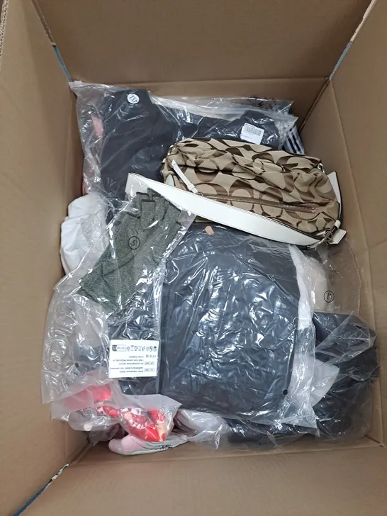 BOX OF APPROX. 50 ASSORTED CLOTHING VARYING IN SIZE/COLOUR/STYLE TO INCLUDE:  TOPS, TROUSERS, JUMPERS