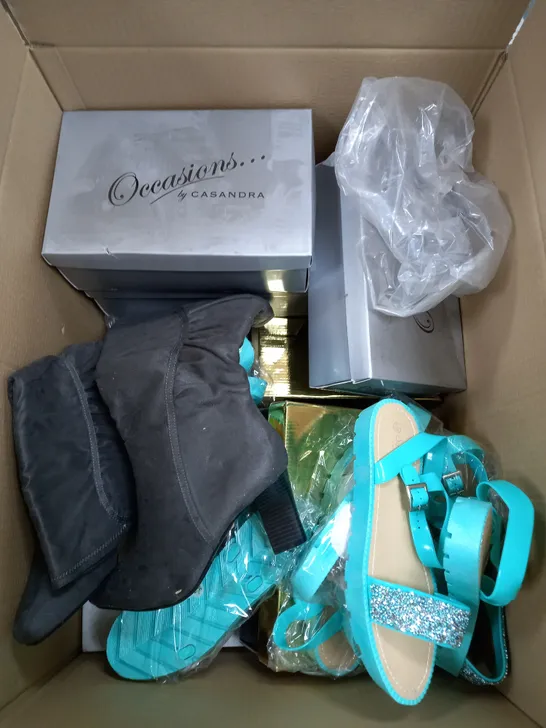 BOX OF APPROXIMATELY 15 ASSORTED PAIRS OF SHOES TO INCLUDE CHAMPAGNE HEELS, GREY BOOTS, BLUE SANDALS ETC