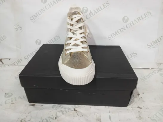 BOXED PAIR OF HUSH SKYE HI-TOP TRAINERS IN METALLIC GOLD COLOUR EU SIZE 40