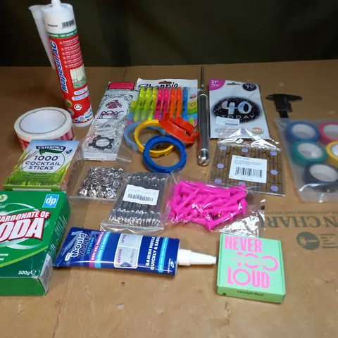 LOT OF ASSORTED HOUSEHOLD ITEMS TO INCLUDE MOULD REMOVER, FRAGILE TAPE AND TOOLS