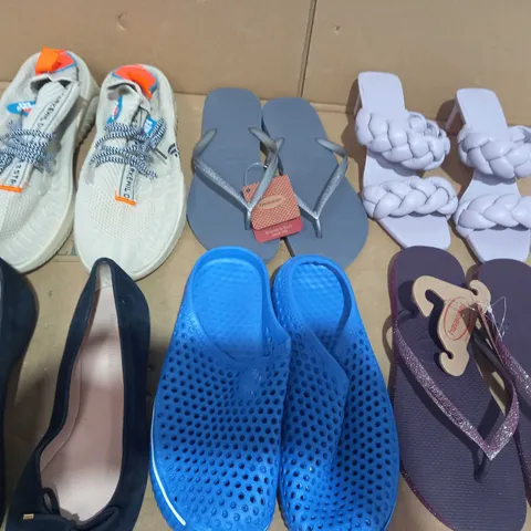 BOX OF APPROXIMATELY 20 ASSORTED FOOTWEAR ITEMS TO INCLUDE BEIGE TRAINERS IN THE STYLE OF ADIDAS SIZE UNSPECIFIED, STUART WEITZMAN SLIP ON SHOES IN BLACK SIZE UNSPECIFIED, DESIGNER SLIM SPARKLE SANDAL