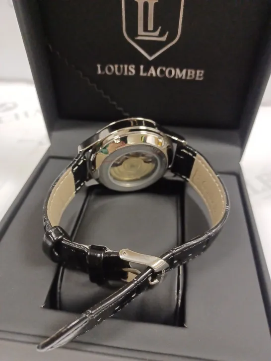 LOUIS LACOMBE AUTOMATIC SKELETON DIAL BLACK LEATHER STRAP WRISTWATCH