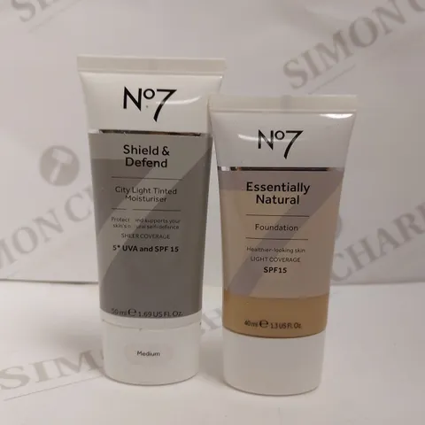 BOX OF 2 NO.7 PRODUCTS TO INCLUDE SHIELD&DEFEND MOISTURISER AND ESSENTIALLY NATURAL FOUNDATION