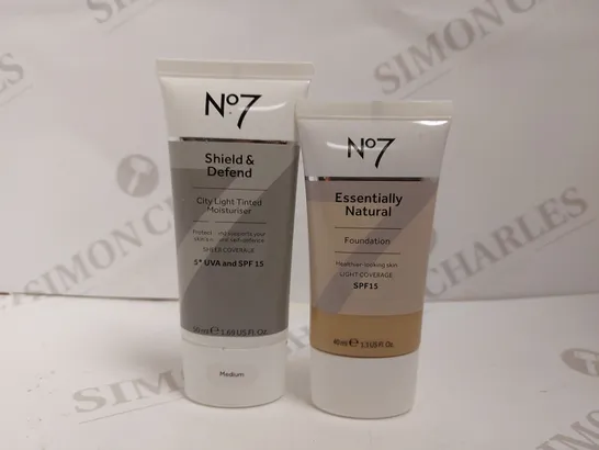 BOX OF 2 NO.7 PRODUCTS TO INCLUDE SHIELD&DEFEND MOISTURISER AND ESSENTIALLY NATURAL FOUNDATION