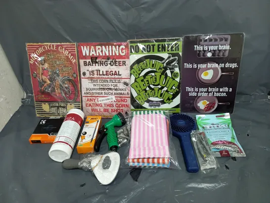 BOX OF ASSORTED HOUSEHOLD ITEMS TO INCLUDE BIC PENS, HANDHELD FAN AND WALL SIGNS 