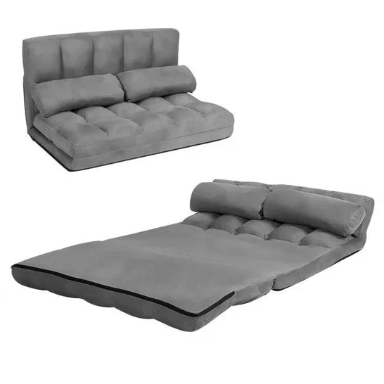 BOXED 2 IN 1 FOLDING LAZY SOFA BED WITH 6 ADJUSTABLE SEAT POSITIONS AND 2 PILLOWS - GREY