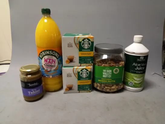 LOT OF APPROXMATELY 6 ITEMS TO INCLUDE  - ALOE VERA JUICE, NATURAL MIXED NUTS, AND SUNITA WHOLE TAHINI SEED SPREAD ETC. 