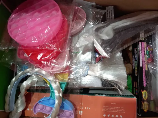 BOX OF APPROXIMATELY 10 ASSORTED TOYS AND GAMES TO INCLUDE TRIMITS NEEDLE FELTING KIT, WINNIE THE POOH LET'S MATCH, PLUSH TOY W. STAR PATTERN, ETC