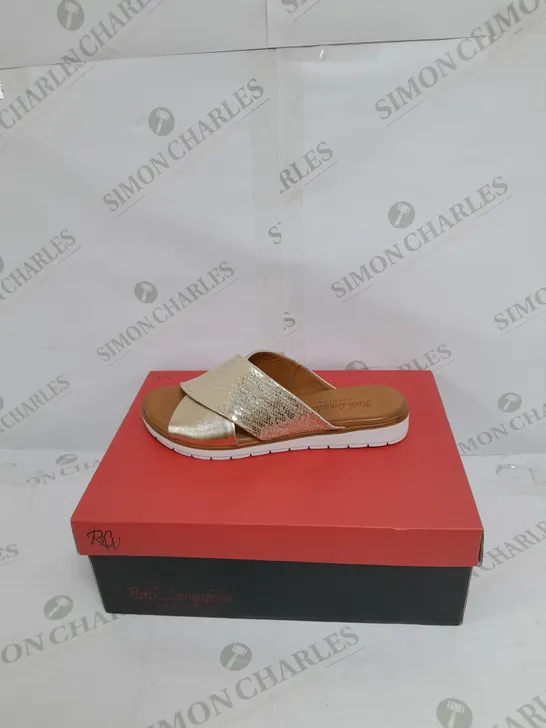 BOXED PAIR OF RUTH LANGSFORD SANDALS IN CHAMPAGNE GOLD SIZE 4