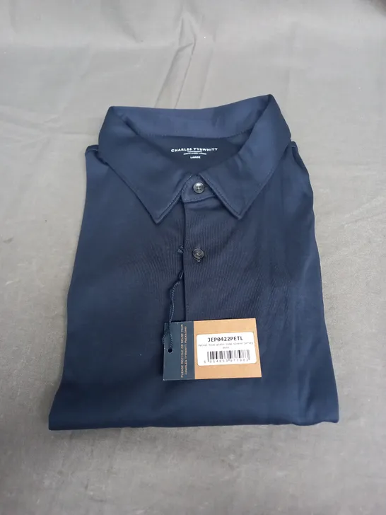 CHARLES TYRWHITT PETROL BLUE PLAIN LONG SLEEVE JERSEY POLO - LARGE