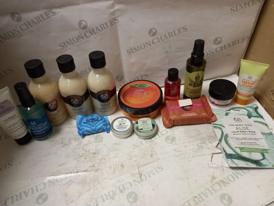 LOT OF APPROX 14 ASSORTED BODY SHOP PRODUCTS TO INCLUDE PEPPERMINT FOOT SPRAY, HEMP DRY BODY OIL, ALOE CALM SHEET MASK, ETC