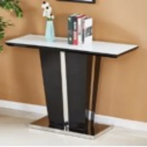 BOXED MEMPHIS GLASS CONSOLE TABLE IN WHITE WITH BLACK HIGH GLOSS(2 BOXES)