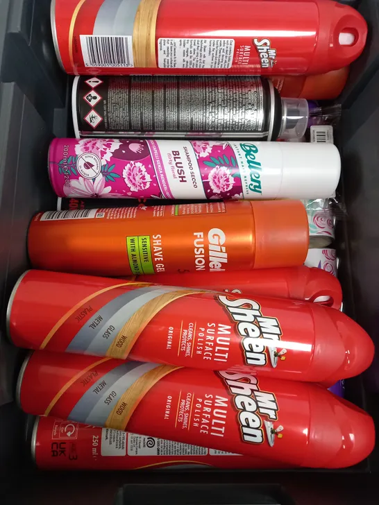 BOX OF APPROX 10 ASSORTED LIQUIDS TO INCLUDE - MR SHEEN, GILLETTE SHAVE GEL, DRY SHAMPOO ETC