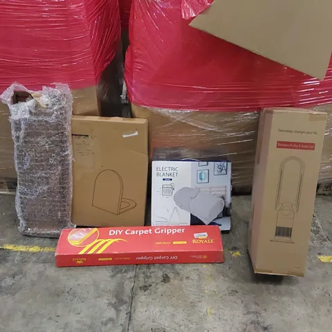 PALLET OF ASSORTED ITEMS INCLUDING: BLADELESS PURIFIER & HEATER FAN, ELECTRIC BLANKET, SHELF, DIY CARPET GRIPPER, TOILET SEAT 