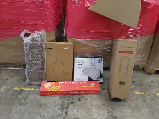 PALLET OF ASSORTED ITEMS INCLUDING: BLADELESS PURIFIER & HEATER FAN, ELECTRIC BLANKET, SHELF, DIY CARPET GRIPPER, TOILET SEAT 