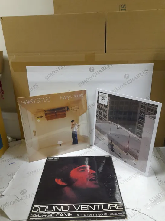 BOX OF APPROXIMATELY 10 VINYLS TO INCLUDE HARRYS HOUSE BY HARRY STYLES. ARCTIC MONKEYS THE CAR, SOUND VENTURE GEORGIE FAME & THE HARRY SOUTH BAND, ETC