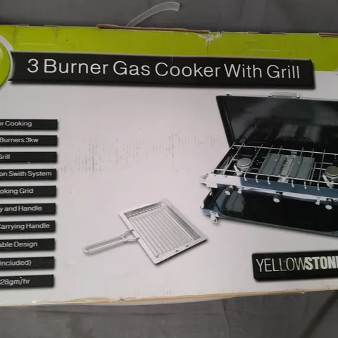 BOX OF 4 ASSORTED HOUSEHOLD ITEMS TO INCLUDE 3-BURNER GAS COOKER WITH GRILL, METAL FRAME PLANTER BASKET, ETC