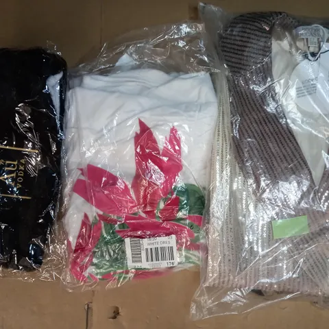 BOX OF APPROXIMATELY 10 ASSORTED CLOTHING AND FASHION ITEMS OF VARIOUS COLOURS AND STYLES TO INCLUDE BOOHOO, BPC SELECTION, AU VODKA, ETC