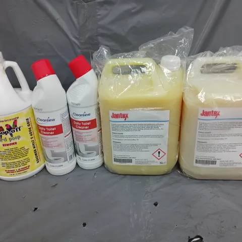 5 ASSORTED LIQUIDS TO INCLUDE JANTEX CLEANER, TOILET CLEANER, AND BIRD POOP REMOVER - COLLECTION ONLY