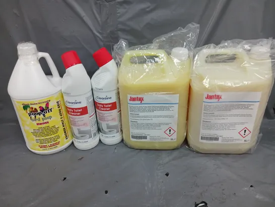 5 ASSORTED LIQUIDS TO INCLUDE JANTEX CLEANER, TOILET CLEANER, AND BIRD POOP REMOVER - COLLECTION ONLY