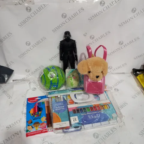 BOX OF ASSORTED TOYS TO INCLUDE ACTION FIGURES, COLOURS, TEDDY ETC