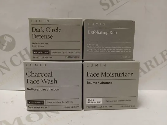 LOT OF 4 ASSORTED LUMIN PRODUCTS TO INCLUDE DARK CIRCLE DEFENSE, CHARCOAL FACE WASH, EXFOLIATING RUB, ETC 