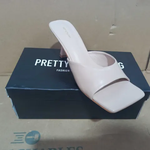 BOXED PAIR OF PRETTY LITTLE THING HEELS IN NUDE COLOUR UK SIZE 3