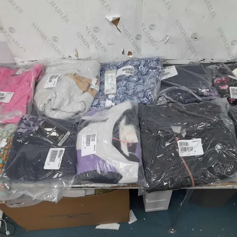 BOX OF APPROXIMATELY 10 ASSORTED BAGGED CLOTHING PIECES IN VARIOUS STYLES AND SIZES 