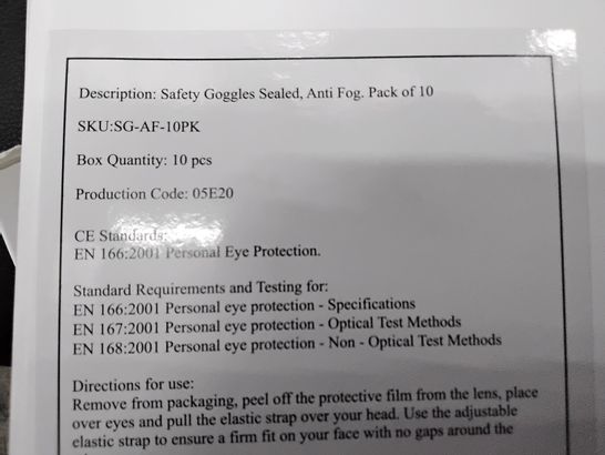 PALLET OF BRAND NEW MANISSA SAFETY GOGGLES APPROXIMATELY 240 packs of 10 = 2400 pairs