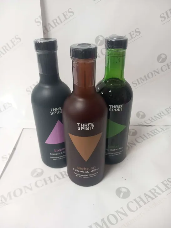 THREE BOTTLES OF THREE SPIRIT NON ALCOHOLIC ALTERNATIVE SPIRITS TO INCLUDE; NIGHTCAP, SOCIAL AND LIVENER