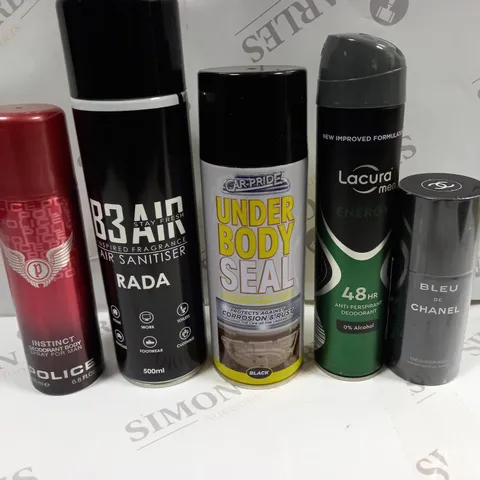 BOX OF APPROX 15 ASSORTED AEROSOLS TO INCLUDE BLUE DE CHANEL DEODERANT, LACURA MEN ENERGY, UNDER BODY SEAL ETC - COLLECTION ONLY