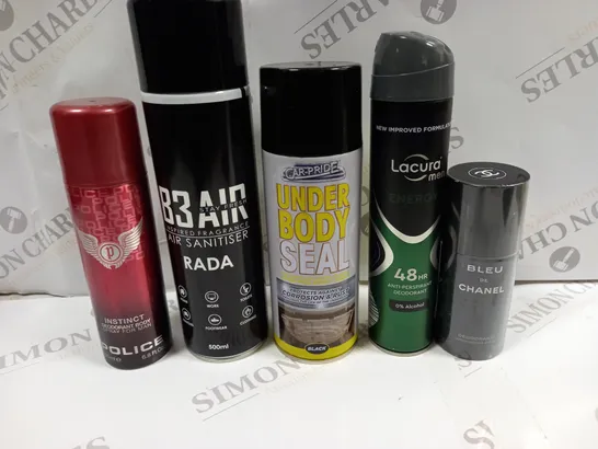 BOX OF APPROX 15 ASSORTED AEROSOLS TO INCLUDE BLUE DE CHANEL DEODERANT, LACURA MEN ENERGY, UNDER BODY SEAL ETC - COLLECTION ONLY