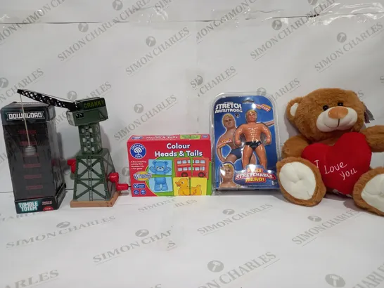 BOX OF APPROX 20 ASSORTED TOYS TO INCLUDE - COLOUR HEADS & TAILS - STRETCH ARMSTRONG - I LOVE YOU TEDDY BEAR ECT